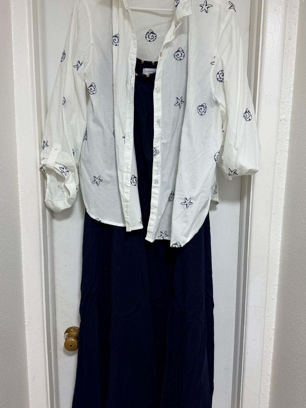 Calypso St. Barth White Embroidered Button Shirt with Navy Dress